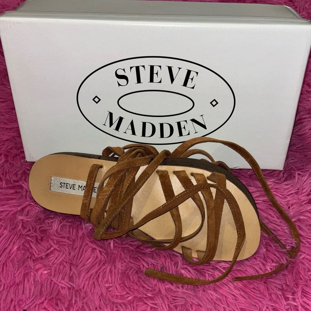 Steve Madden Tellers Brown Suede Open Toe Strap Tie Up Sandals Women Size 9